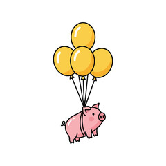 Cute pig floating with yellow balloons vector illustration drawing for celebration and joy vector
