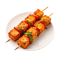 Two Skewers of Grilled Paneer Tikka with Red and Green Peppers on White Plate indian food