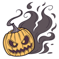 Cartoon halloween pumpkin with evil face and smoke