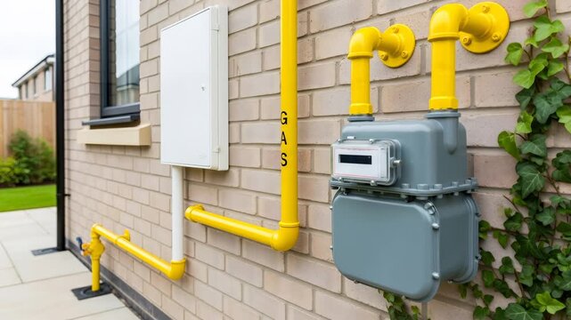 Exterior view of a gas meter, pipeline, and utility box on a brick wall, showcasing residential gas supply infrastructure footage