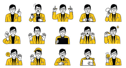 Fototapeta premium Expressive man in suit icons showcase communication and emotion for business, design and education projects