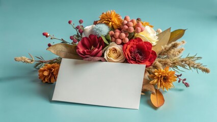 White card mockup with dried flowers arrangement