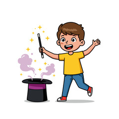A joyful child in a yellow shirt waves a magic wand over a top hat with purple smoke and sparkles rising, standing excitedly against a white background.