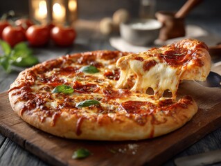 Deliciously Crafted Pizza with a Slice Missing Revealing Tasty Toppings and Cheesy Texture Inviting Indulgence and Sharing with Friends and Family