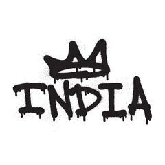 Graffiti style 'INDIA' text with a crown above, featuring black spray paint drips on a white background, symbolizing urban culture and national identity.