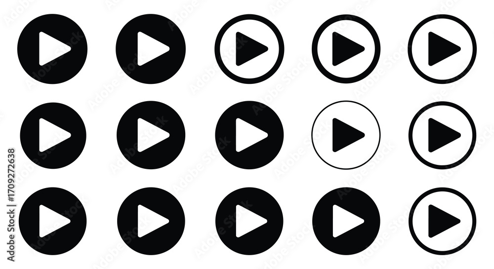 Poster collection of black and white circular play button icons displayed neatly