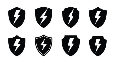 Black shields with lightning bolt designs in various arrangements displayed