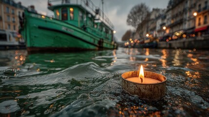Floating candle on canal water, Parisian scene