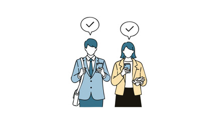 Two business professionals confidently using smartphones with positive confirmation icons above their heads