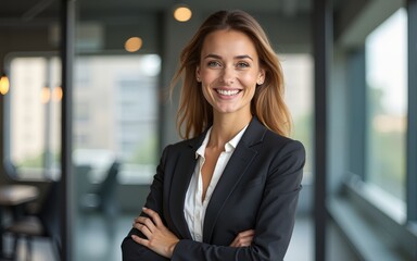 Portrait of happy businesswoman standing at corporate office during the meeting and smiling at camera. High quality