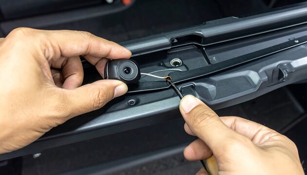 Hands installing a car camera