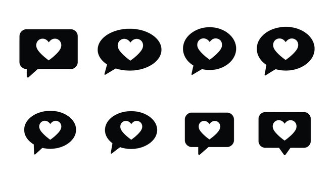 Black and white illustration of heart shaped speech bubbles in a row