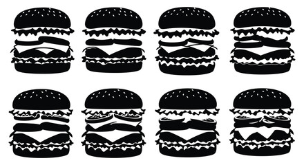 A collection of monochrome burger illustrations in various stacked arrangements