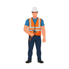 Vector Construction Worker Illustration | Builder with Safety Helmet and Hammer, Minimalist Flat Style, White Background
