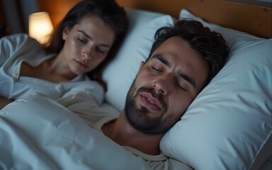 A man snoring and sleeping in the bed while woman is annoyed of it. High quality