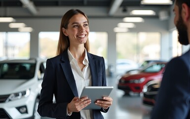 Cheerful saleswoman standing in classy car salon with tablet in hands and having conversation with buyer. High quality