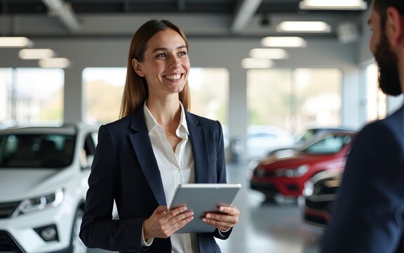 Cheerful saleswoman standing in classy car salon with tablet in hands and having conversation with buyer. High quality