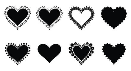 A collection of black and white ornate heart shapes in a grid layout