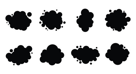 Collection of abstract black cloud shapes and splatter designs on white
