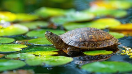 Obraz premium Tiny turtle on lily pads