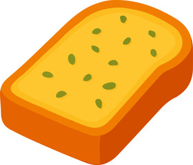 Appetizing slice of buttered toast topped with green seeds, representing a healthy breakfast or snack concept in a clean vector illustration