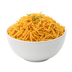 White bowl filled with crispy fried potato sticks and garnish graphic design