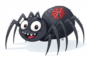 A cartoon black widow spider with large eyes and a wide grin isolated on transparent background