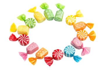 A colorful assortment of individually wrapped hard candies arranged in a circular pattern on a black background isolated on transparent background