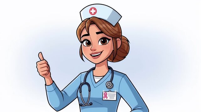 Cartoon nurse character promoting breast cancer awareness