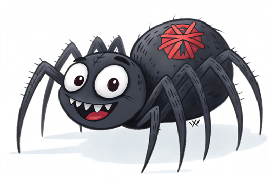 A cartoon black widow spider with large eyes and a wide grin isolated on transparent background - Powered by Adobe