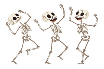 Three cartoon skeletons dancing joyfully with wide smiles and raised arms isolated on transparent background