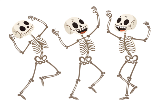 Three cartoon skeletons dancing joyfully with wide smiles and raised arms isolated on transparent background