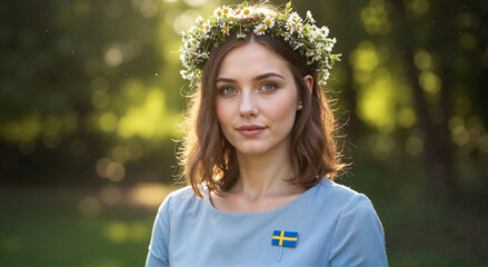 Young Swedish woman wearing flower crown in sunny outdoor setting  