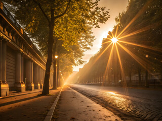 Parisian Avenue at Dawn: Sunlight streams down a grand Parisian avenue lined with lush trees and historic architecture, capturing the essence of early morning serenity.