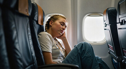 Fototapeta premium Young woman sleeping in airplane seat during flight 