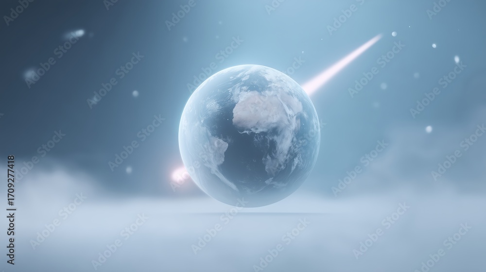 Poster earth globe floating in a misty atmosphere, surrounded by soft clouds and distant stars, with a come