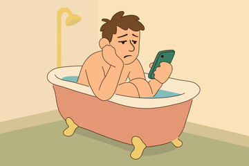procrastinate - procrastination concept, man in bathtub with phone , mix feeling of bored , anxiety, sad , depression , vector cartoon 