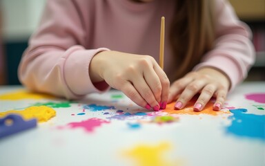 Hands of girls making art project on arts and crafts at school. High quality