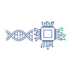 A conceptual illustration clearly depicting the intricate biological DNA helix connected to advanced microchip technology, symbolizing the fusion of genetics and computing.