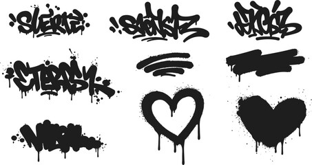 Collection of black graffiti style lettering and shapes on transparent background
