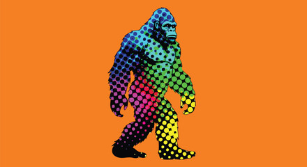 Vibrant Bigfoot creature walking in bold pop art style with colorful polka dot pattern