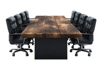 Long Rustic Wooden Conference Table with Black Leather Chairs