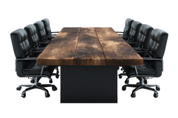 Long Rustic Wooden Conference Table with Black Leather Chairs
