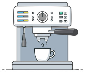 Espresso coffee machine illustration brewing fresh hot beverage into a ceramic cup