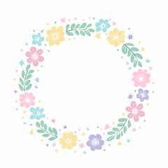 A circular floral wreath arrangement with pastel-colored flowers and leaves, isolated on white.