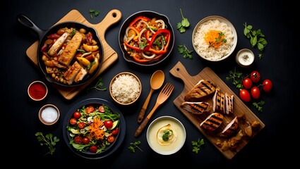 Exquisite culinary composition featuring grilled chicken stir fry rice and vibrant salad arranged on a sleek black backdrop offering a delicious array of healthy choices
