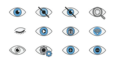 Explore diverse eye icons representing vision, privacy, security, and settings for modern digital concepts.