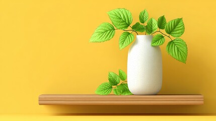 White vase with green leaves on a wooden shelf against a yellow background