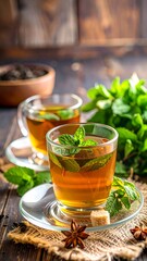 Refreshing mint tea in clear cups