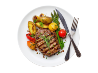Grilled steak with roasted potatoes asparagus cherry tomatoes and rosemary image, Isolated, Png Transparent Background